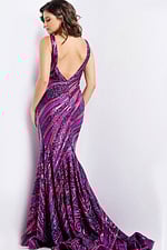 Front view of model in Jovani 22314 dress, showcasing the luxurious purple and fuchsia beaded design.