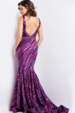 model wearing 22314 purple and fuchsia sequin gown back