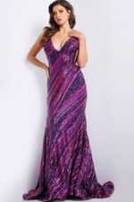 model wearing 22314 purple and fuchsia sequin gown front