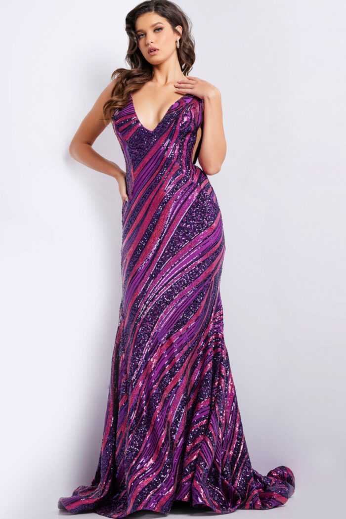 model wearing 22314 purple and fuchsia sequin gown front