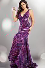 model wearing Jovani 22314 purple beaded gown front view