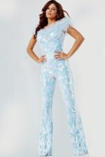 model wearing Jovani 22348 full view light blue jumpsuit with feather details