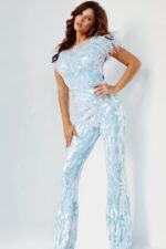 model wearing Jovani 22348 light blue jumpsuit with front view and feather details