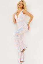Jovani 22355 light pink jumpsuit modeled from the front showcasing floral patterns.