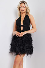 Front view of a model in Jovani 22387 black dress with feather accents.