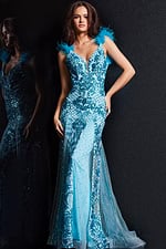 Woman wearing Jovani 22507 blue gown with embellishments and feathers