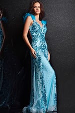Model showcasing Jovani 22507 blue dress with detailed beadwork design