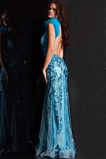 Back view of Jovani 22507 blue dress, featuring open back design