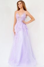 Model wearing Jovani 02266 lilac gown with V-neck and floral details.