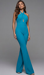 Halter neck jumpsuit with front twist detail, fitted waist, and sleek wide leg silhouette