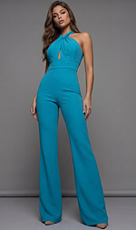 Halter neck fitted jumpsuit with front keyhole detail, wide-leg silhouette, and clean tailored finish