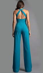 Back view of halter neck jumpsuit with open back, fitted waist, and wide leg silhouette