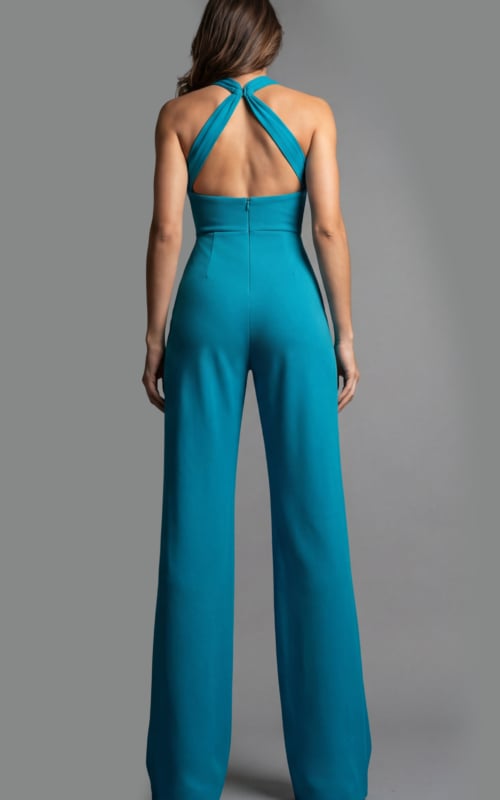 Back view of halter neck jumpsuit with open back, fitted waist, and wide leg silhouette