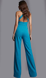 Back view of halter neck jumpsuit with open back, fitted waist, and wide leg design