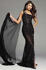 black fitted dress with sheer cape 23701