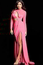 Model wearing Jovani 22606 elegant pink gown with high neckline and embellishments, side view.