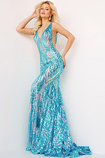 Model wearing Jovani 22770 green dress with sequin details and mermaid silhouette, front view.