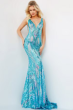 model wearing 22770 full-length green mermaid dress with sequin embellishments