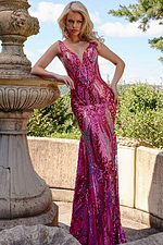 model wearing 22770 full-length pink mermaid dress with sequin embellishments
