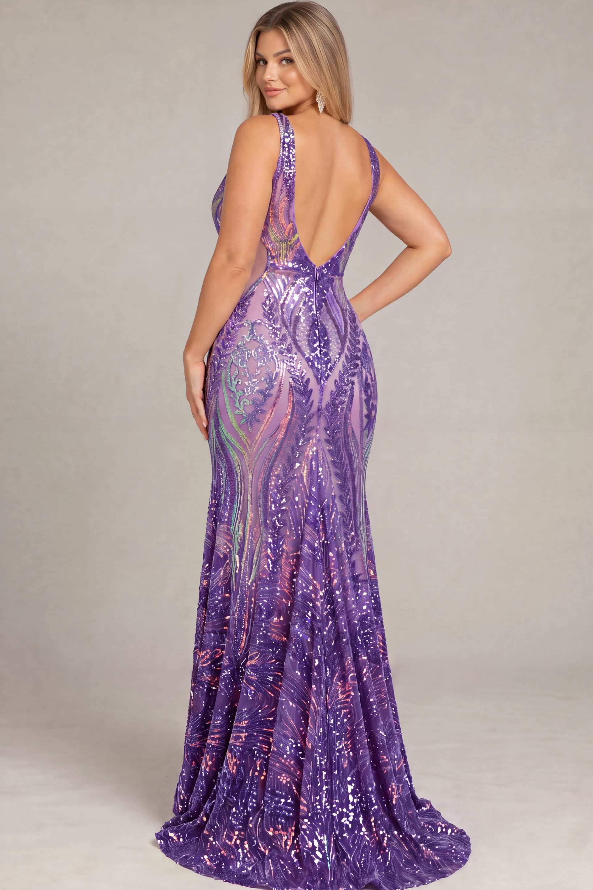 Back view of iridescent purple sequin mermaid gown with open back, plus size, Jovani style 22770