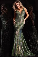 Back of model in Jovani 22770 gown, highlighting blue sequin design.