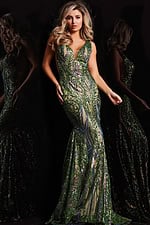 Jovani 22770 gown showcased from the front in elegant green sequins.