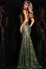 Back view of model in Jovani 22770 gown showing intricate sequin details.