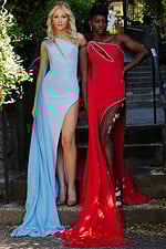 two models wearing Jovani 22791 red and blue gowns with high slit