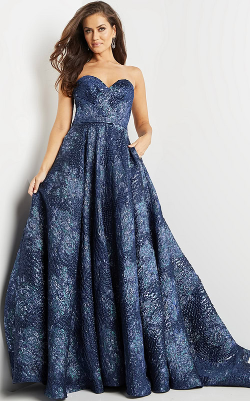 Model wearing Jovani 22792 navy gown showcasing a front view.