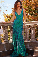 model wearing Jovani 22811 green sequin mermaid dress front view