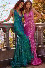 models wearing Jovani 22811 green and pink sequin mermaid dresses