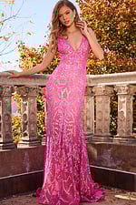 model wearing Jovani 22811 blush sequin mermaid dress front view
