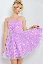 Model wearing 22815 purple dress showcasing A-line silhouette with sequins