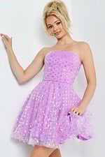 Model wearing 22815 purple dress with sequin details and strapless neckline