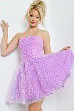 Model wearing 22815 purple dress highlighting sequin pattern and strapless design