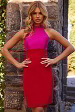 Jovani 22816 dress in fuchsia worn by model, front pose.