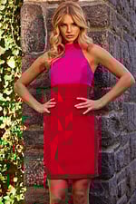 Model in Jovani 22816 dress in fuchsia showing the front design.