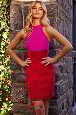 Model wearing Jovani 22816 dress in fuchsia with high neckline.