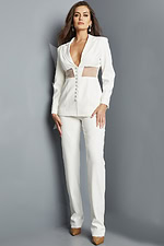 Model showcasing Jovani 22818 ivory suit front view.
