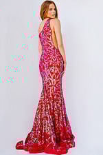 model wearing Jovani 22845 red one-shoulder dress back view with sequins