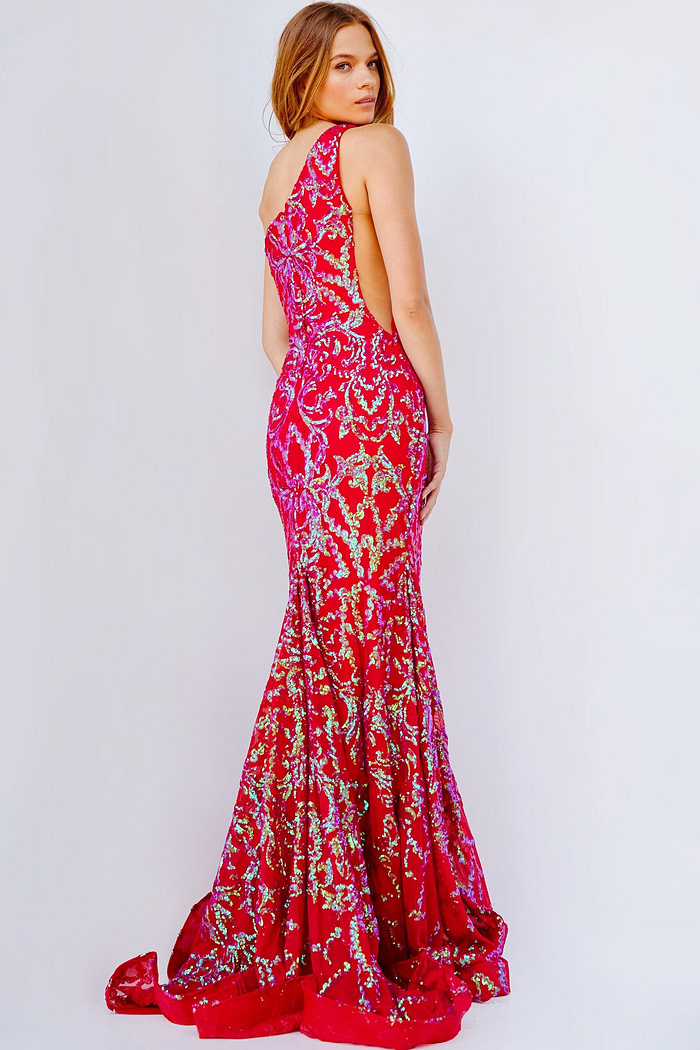 Jovani 22845 Iridescent Red Embellished One Shoulder Dress | Jovani