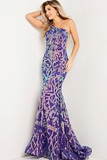 model wearing Jovani 22845 purple one-shoulder dress front view with hand on head