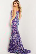 model wearing Jovani 22845 purple one-shoulder dress back view with sequins