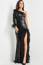 Model wearing Jovani 22895, a black sequin gown with feather accents and a high slit, front view.