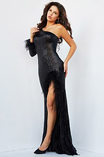 Full-length view of Jovani 22895 black sequin gown with feather detailing and high slit.