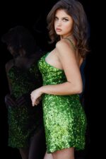 Back view of Jovani 22905 green sequin mini dress, showcasing backless style.