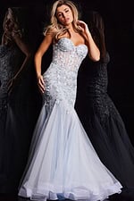 Model wearing Jovani 22924 blue mermaid gown with sweetheart neckline, front view