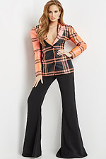 Model wearing Jovani 23002 neon orange plaid blazer dress with black trousers, full front view.