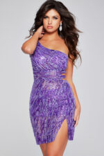 Model wearing Jovani 23009 purple dress with one-shoulder neckline and cut-out waist detail.