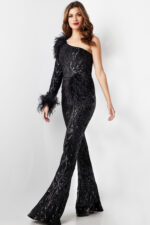 Model displaying Jovani 23026 black jumpsuit front view with feather accents.